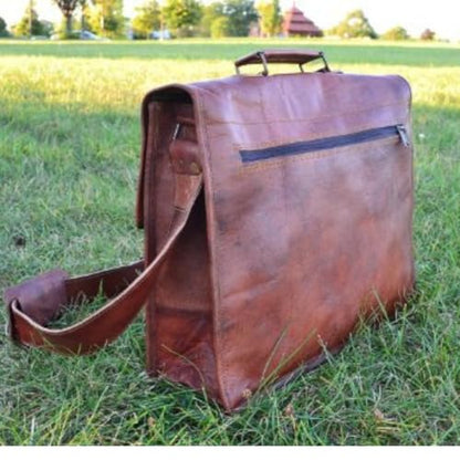 Komal's Passion Leather Briefcase for Men and Women 18 inch Handmade Leather Messenger Bag for Laptop Best Computer Satchel Distressed Bag (Single Pocket) - color: Single Pocket