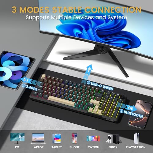 Redragon K742 Wireless Mechanical Gaming Keyboard with Knob, Bluetooth 5.0/2.4GHz/USB C Wired Creamy Keyboard with Number Pad for PC Computer, RGB Backlits, Hot-Swappable with Linear Switches (Brown) - color: Brown