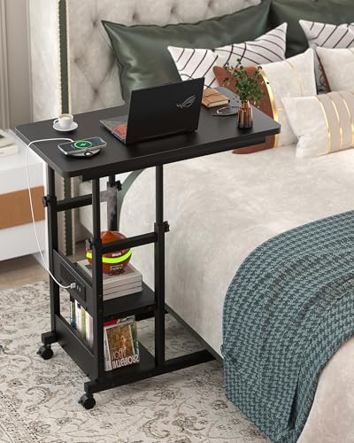 Height Adjustable End Table with Charging Station, Mobile C Shaped Laptop Side Table with Wheels, 3-Tier Sofa Couch Table with Storage Shelve for Living Room Bedroom, Black - color: Black