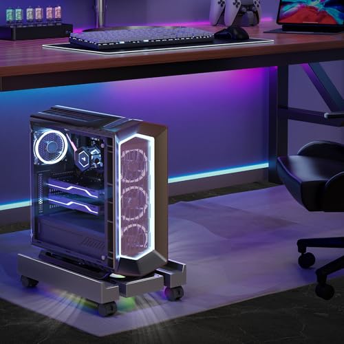 Adjustable Computer Tower Stand with Cooler Fan and Light, PC Stand for Floor, Mobile CPU Holder with 4 Caster Wheels Fits Most PC Tower, Under Desk CPU Holder for Office,Gamers and Students - style: With Fan