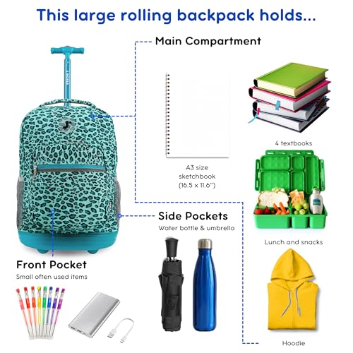 J World Sunrise Kids Rolling Backpack with Wheels for Girls Boys, Roller Bookbag for School, 18 x 13 x 9 Inches, Mint Leopard - color: Mint Leopard