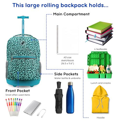 J World Sunrise Kids Rolling Backpack with Wheels for Girls Boys, Roller Bookbag for School, 18 x 13 x 9 Inches, Mint Leopard - color: Mint Leopard