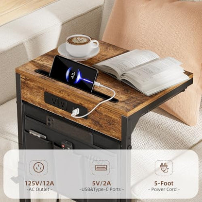 Simple Trending Side Table, C Shaped End Table with Charging Station, Couch Table with Storage Bag, Adjustable Height, Rustic Brown