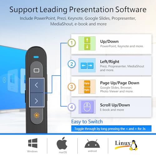 Bluetooth Presentation Clicker for PowerPoint, Wireless Presenter | ①Red laser pointer②Projector clicker③USB Powerpoint Clicker ④USB-C rechargeable slide clicker⑤Customizable Button⑥Bluetooth - color: Red - Rechg. - USB-A&BLE