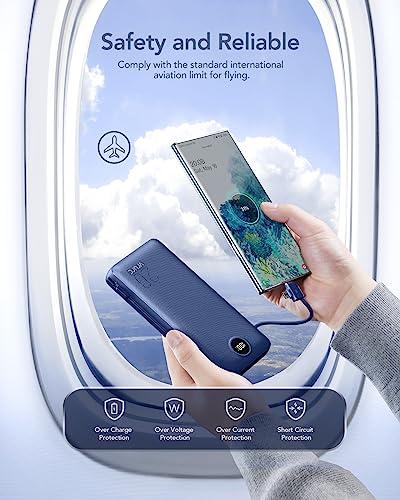 VRURC Portable Charger 20000mAh, Fast Charging Power Bank USB C,4 Output 2 Input Travel Essentials Charging Bank Equipped with LED Display,Built-in Wall Plug and Cables,Phone Charger Battery,Navy - color: Navy