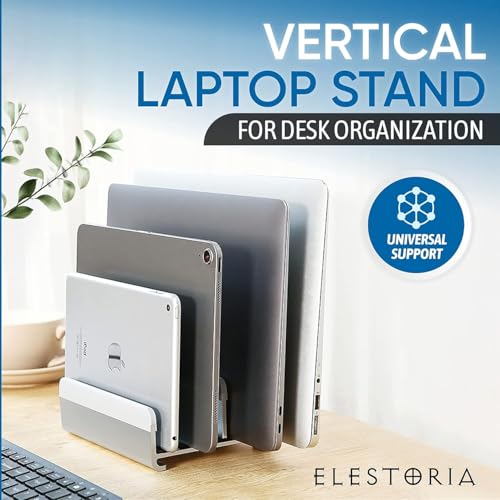 Elestoria 5- Slot Vertical Laptop Stand - Aluminum Laptop Stand Vertical for Desk - Adjustable Width (12-38mm) Fits MacBook Pro/Air, Surface & Gaming Laptops Upto 17.3 (Grey) - color: Grey