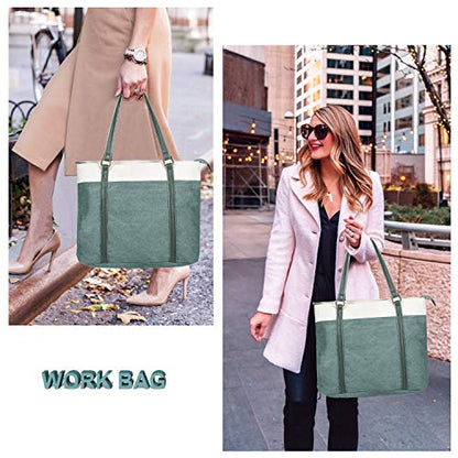 Laptop Tote Bag for Women, 15.6 Inch Work Bag with Laptop Compartment and Zipper, Canvas Computer Tote for Teacher - color: Green