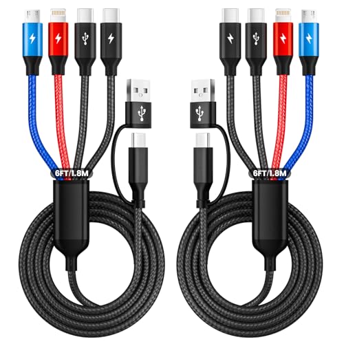 Dual Type-C Port 4 in 1 Multi Charging Cable for Multiple Devices, 2Pcs 5FT | USB A/C Cable with Dual Type-C/IP/Micro, Universal Phone Charger Cord for iPhone17-12, Android Tablet Pad, Travel Essentials - color: Multicolored, size: 2Pack 6FT