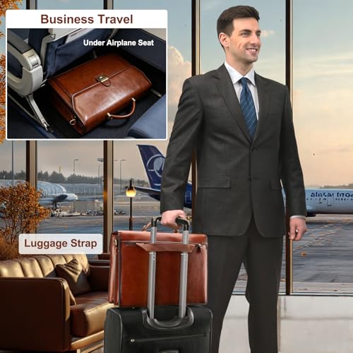 Banuce Leather Briefcase for Men with Lock Fits Laptop | Travel-friendly Luggage Strap,Lawyer Briefcase,Expandable,Detachable Shoulder Strap,Office Work,Business Travel - size: Large