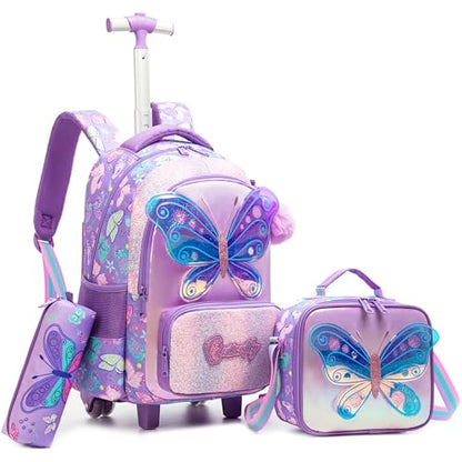 Meetbelify Girls Rolling Backpack with Wheels for Kids 3D Butterfly School Roller Backpack,Carry on Travel Luggage with Lunch Bag and Pencil Case for Girls Ages 5-12 - color: 01 Butterfly