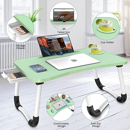 Zapuno Multi-Function Laptop Bed Table with Storage Drawer and Cup Holder, Lap Desk Stand Tray for Eating, Reading and Working - color: Green