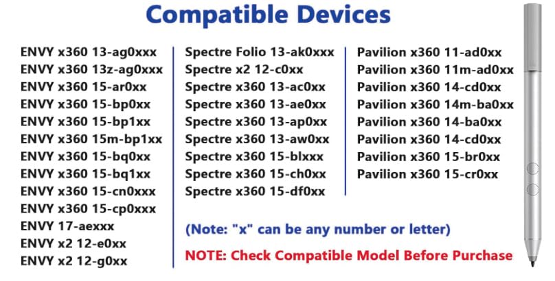 Active Stylus Pen 1MR94AA for HP Envy x360/Pavilion x360/Spectre x360 - Pressure Sensitive, Windows Ink, Palm Rejection, Digital Pen with Battery 905512-001 - color: Silver, style: 905512-001