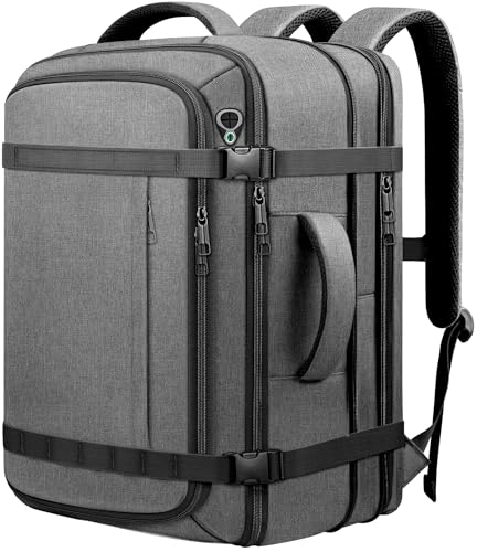 Carry On Backpack,Expandable Large 1-7DAYS Capacity Travel Backpack,Grey | Cable Access Port,Fits 18.4" Laptop,Anti Theft Water Resistant Work Backpack for Men Women,Extended Travel Work - color: Grey, size: Max (55L-65L)