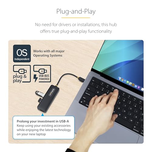 StarTech 4-Port USB-C Hub 5Gbps with 4X USB-A, Mini (H5C4A-USB-HUB) | USB Powered USB 3.0 travel mini splitter, Portable, Wake on USB, Overcurrent Protection, 5in 13cm cable, Cable clip - size: 0.4 ft, style: USB-C