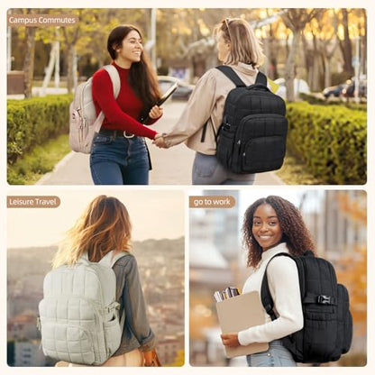 CLUCI 17.3 Inch Laptop Backpack for Women, Anti Theft Travel Backpack, Puffer Quilted Work Backpack, Water Resistant College Bookbag, Carry on backpack with RFID (Khaki) - color: Khaki