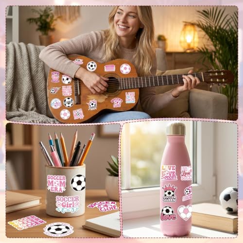 Pink Soccer Stickers for Women - 100 Pcs Cute Soccer Vinyl Sticker Decals, Sports Decals for Laptop Water Bottle Phone Case Notebook Skateboard Helmet Luggage Gift - style: Soccer