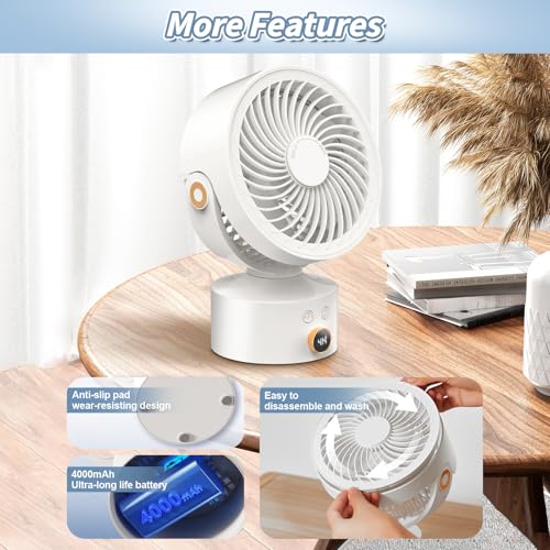 Desk Fan Small Oscillating for Bedroom, 9 Inch Quiet Desk Fan Air Circulator with 3 Speeds, 4H Timer, Rechargeable Desk Fan for Office/Dorm/Room-White