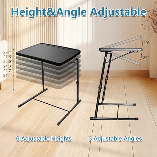 Max Pro Larger Folding TV Tray Table, XL Adjustable Foldable TV Table with 6 Height, 425% Thicker HDPE Plastic Table for Eating, Laptop, Snacks, Dinner Laptop on Couch & Bed, Black