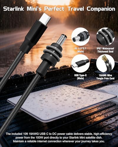 Starlink Mini Car Adapter with DC Power Cable, 12V-24V Car Charger Accessories for Starlink Mini, PD 30W + USB-A 22.5W + PD 100W Car Power Supply for Trucks, RVs, Boats - 10FT Braided Cable - size: 10FT