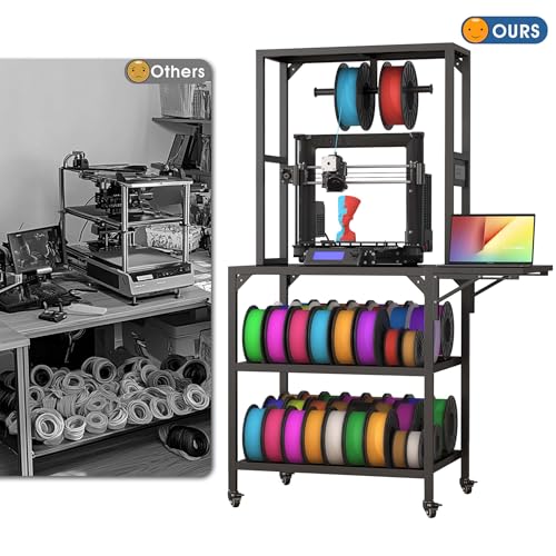 Heavy Duty 3D Printer Stand with Storage - Large Metal 3D Printer Table with Filament Storage for 54 Spools, Rolling 3D Printer Workbench with Locking Wheels & T-Shaped Spool Holder