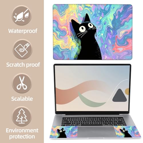 Universal Laptop Skin Sticker for 12/13/14/15.6 Inch Laptops, Reusable Vinyl Laptop Decal Cover, Waterproof Scratch Resistant Notebook Skin with 2 Wrist Pads,Psychedelic Black Cat - color: Psychedelic Black Cat