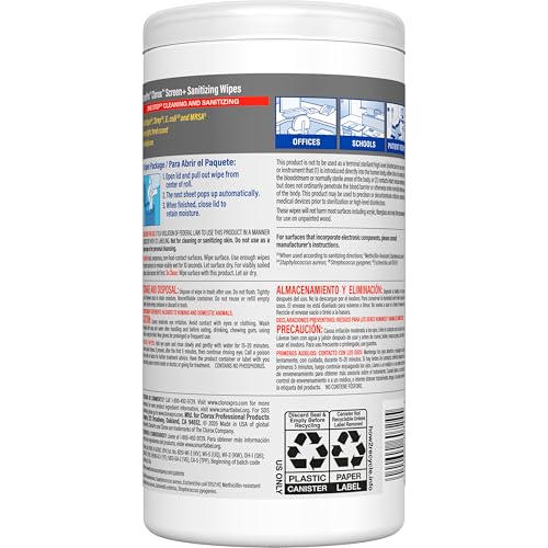 CloroxPro Clorox Screen+ Sanitizing Wipes, Disinfecting Wipes for Electronics, Gentle on Phones, Tablets, LCD Screens, Laptops and Sensitive Surfaces, Citrus Blend Scent, 1 Canister, 75 Wipes - size: 75 Count (Pack of 1)