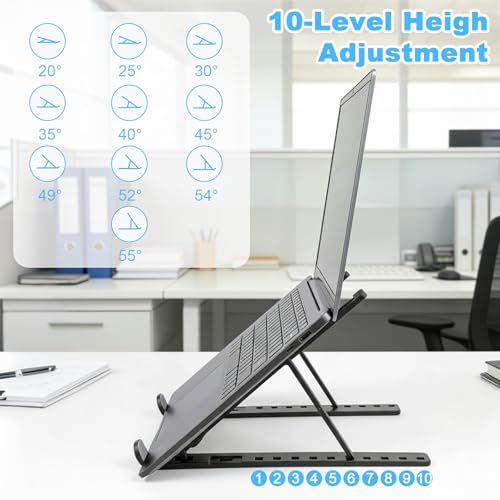 Laptop Stand for Desk, Adjustable 10-Angle Foldable Laptop Riser, Portable Black Plastic Tablet Holder, Ventilated Notebook Stand Compatible with All Laptops up to 17 Inch - color: Black