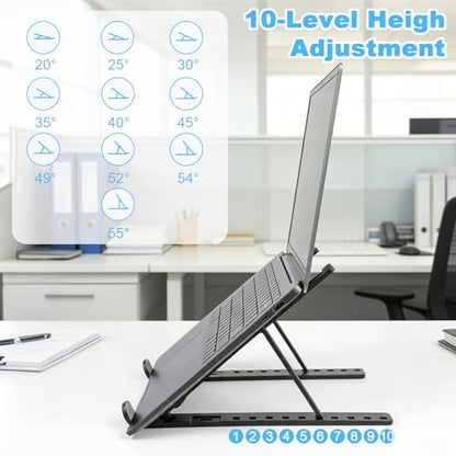 Laptop Stand for Desk, Adjustable 10-Angle Foldable Laptop Riser, Portable Black Plastic Tablet Holder, Ventilated Notebook Stand Compatible with All Laptops up to 17 Inch - color: Black