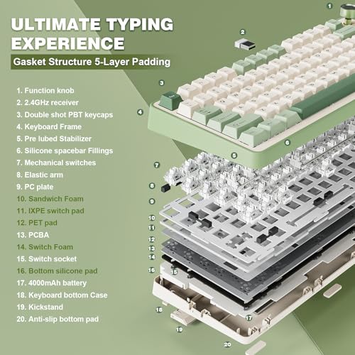 YUNZII B75 PRO Wireless Mechanical Gaming Keyboard | Custom 75% Layout with Knob,Gasket Mount,Hot Swap,Creamy Pre-lubed Switch,BT/USB-C/2.4G (Matcha Green, Milk Switch) - color: Matcha Green, size: Milk Switch