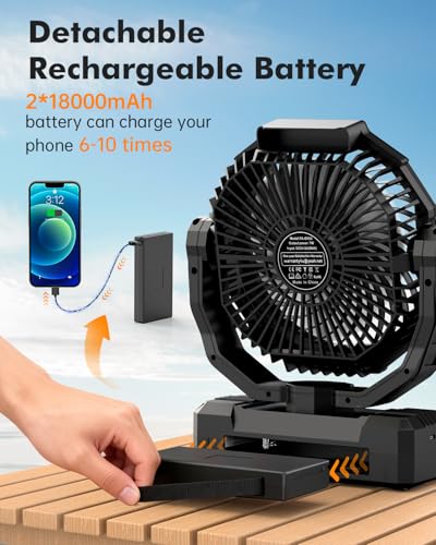 36000mAh Camping Fan, Detachable Rechargeable Portable Battery Fan | 98Hours, 4 Speeds, Timer Function, Light & Hook, Battery Operated Fan for Outdoor, Tent, Fishing, Travel, Hurricane, Jobsite - color: Black