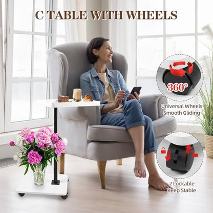 C Table Side Table End Table Adjustable Height，C Shaped End for Couch，Snack Tables,360°Swivel TV Tray Sofa Table， For Small Spaces，Side Tables living room and bedroom for Sofa, Bed,Chair(White) - color: White