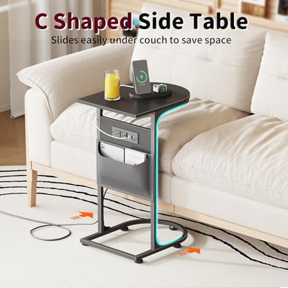 C Shaped End Table with Charging Station, Small Side Table for Couch, C Table Slides Under Sofa with Storage Bag, TV Tray Table for Recliner, Living Room, Bedside, Bedroom, Small Spaces, Black - color: Charging Station Black