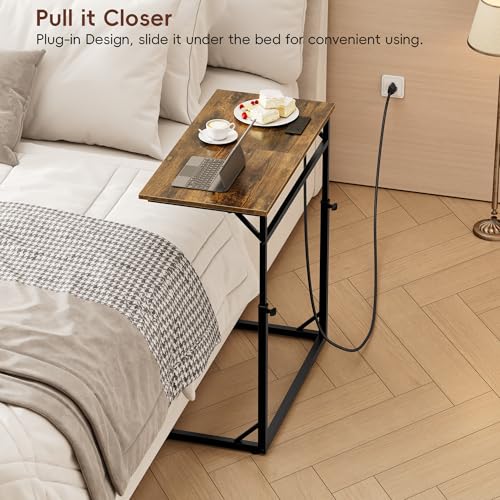 C Shaped End Table with Charging Station, Large C-Table End Table Adjustable Height Side Table for Couch, Couch Table Slide Under Sofa Table TV Tray Table for Sofa, Living Room, Bedroom,Brown - color: Rustic Brown, style: With Plug