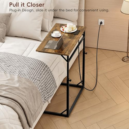 C Shaped End Table with Charging Station, Large C-Table End Table Adjustable Height Side Table for Couch, Couch Table Slide Under Sofa Table TV Tray Table for Sofa, Living Room, Bedroom,Brown - color: Rustic Brown, style: With Plug