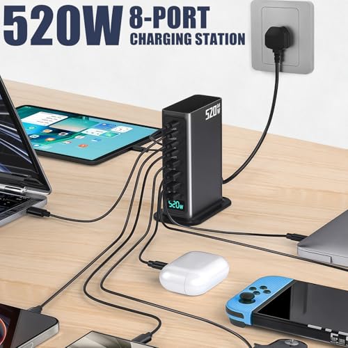 520W USB C Fast Charger Block, 8 Port, Black | GaN Charger, Double 100W PD3.1 PPS Port, Laptop Charging for MacBook/iPhone 16/iPad etc
