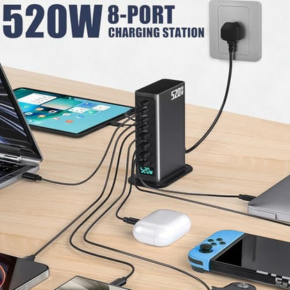 520W USB C Fast Charger Block, 8 Port, Black | GaN Charger, Double 100W PD3.1 PPS Port, Laptop Charging for MacBook/iPhone 16/iPad etc