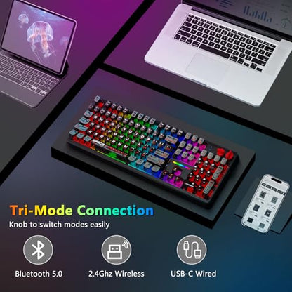 E-YOOSO Wireless Mechanical Keyboard Creamy, Bluetooth/2.4GHz/USB-C Wired, Hot Swappable Pre-Lubed Linear Switches, RGB Backlit, Cyber Mecha Style, Full Size Custom Gaming Keyboard for PC/Mac