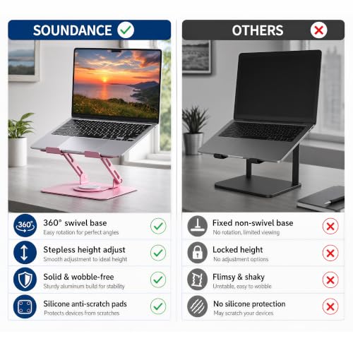 SOUNDANCE 360 Rotating Laptop Stand, Ergonomic Computer Riser for Desk, Adjustable Height Multi-Angle Metal Holder, Foldable Portable Notebook Elevating Base for Office & Home, Pink - color: Pink