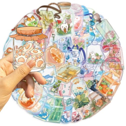 Summer Cartoon Bottles 50 Pcs Transparent PET Stickers - Waterproof handbooks for Cute,Materials - Sticker Art Pieces for Scrapbook Journal Planner Water Bottles Phone Cases Laptops (colourful-B12) - color: Colourful-b12