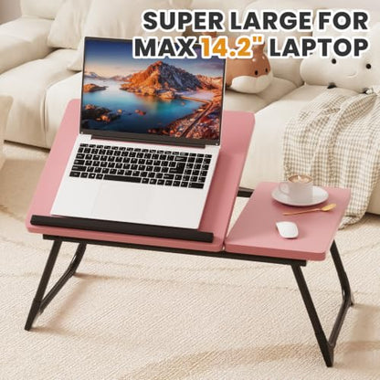 Laptop Bed Desk, 5-Angle Adjustable Bed Laptop Table with Cup Holder | Foldable Laptop Stand for Couch & Sofa, Portable Laptop Tray for Adults Writing Reading Eating, Pink - color: Pink
