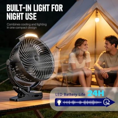 8-Inch Rechargeable Clip on Fan, 10000mAh Portable Camping Fan with LED Light, 9-Speed Ultra Quiet Airflow, 30H Runtime, 360° Rotating Desk Fan for Golf Cart, Bedroom, Office, Dorm, Black - color: Black