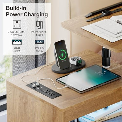 Lareth Rolling Nightstand with Wheels, LED Lights, Charging Station | Height Adjustable, Bedside Table 2 Drawers, Smart Wooden End Table Dorm Side Table Laptop Workstaion, Bedroom, Natural - color: A Natural