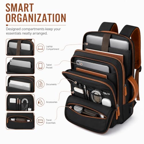 Business Laptop Backpack for Men and Women, Large Capacity Travel Backpack with USB Charging Port, Carry On Work Backpack with Padded Shoulder Straps, Black