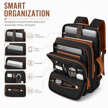 Business Laptop Backpack for Men and Women, Large Capacity Travel Backpack with USB Charging Port, Carry On Work Backpack with Padded Shoulder Straps, Black