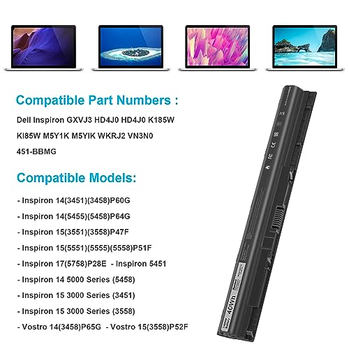 TREE.NB M5Y1K 14.8V 40WH Battery for Dell Inspiron 14 15 17 5000 3000 Series 5559 5558 3551 3451 3558 5755 5756 5458 5759 5758 5759 GXVJ3 451-BBMG 453-BBBQ WKRJ2 VN3N0 HD4J0 P47F P51F - size: 10.63x1.42x0.79inch M5Y1K