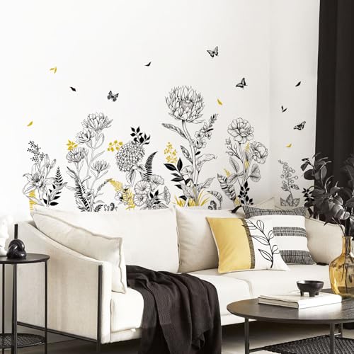 Black Yellow Flower Wall Decals, 3 Sheets Sketch Garden Floral Wall Stickers Simple Line Wildflower Grass Butterflies Art Decor Bedroom Bathroom Hallway Sofa Gifts for Mom(11.8x35.4 in/Sheet) - style: Black Yellow Flower Set