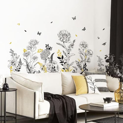 Black Yellow Flower Wall Decals, 3 Sheets Sketch Garden Floral Wall Stickers Simple Line Wildflower Grass Butterflies Art Decor Bedroom Bathroom Hallway Sofa Gifts for Mom(11.8x35.4 in/Sheet) - style: Black Yellow Flower Set