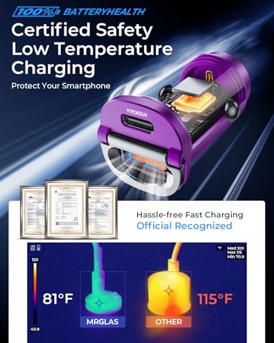 MRGLAS【Upgraded】 125W USB C Car Charger Super Fast Charging for iPhone 17 | [PD65W & QC60W][All Metal] Cigarette Lighter Car Charger,Dual Port for iPhone 16 15 Pro iPad Samsung S25/S24 MacBook-Purple - color: Purple