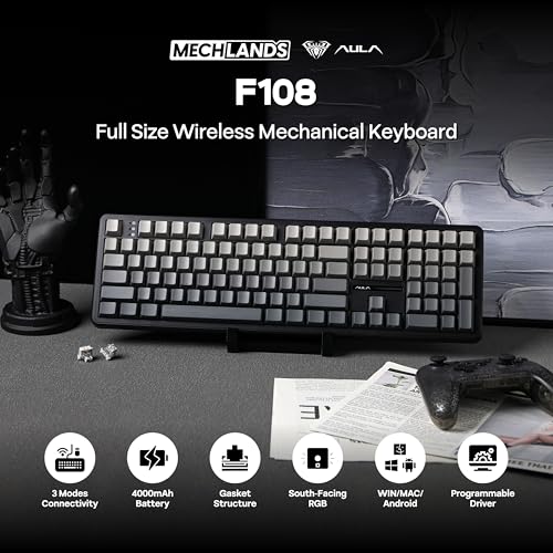 MechLands Aula F108 100% Wireless Gaming Keyboard, Full Size Custom Gasket Mechanical Keyboard, 4000mAh Battery, Programmable 108 Keys, Hot-Swappable, for Win/Mac (Black Gradient) - color: Black Gradient