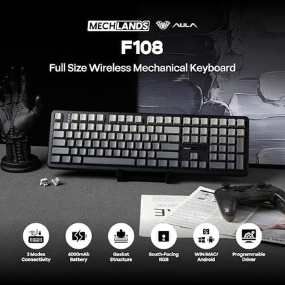 MechLands Aula F108 100% Wireless Gaming Keyboard, Full Size Custom Gasket Mechanical Keyboard, 4000mAh Battery, Programmable 108 Keys, Hot-Swappable, for Win/Mac (Black Gradient) - color: Black Gradient